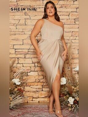 SHEIN One-Shoulder Draped Midi Dress in Taupe